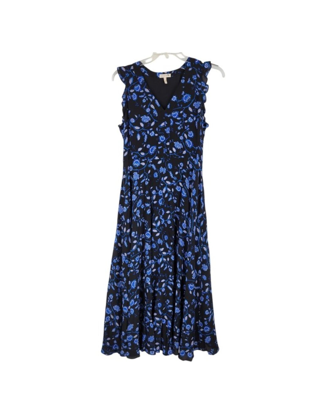 Rebecca Taylor Kyoto 12 Silk Maxi Dress Blue Floral Ruffle Sleeveless V Neck